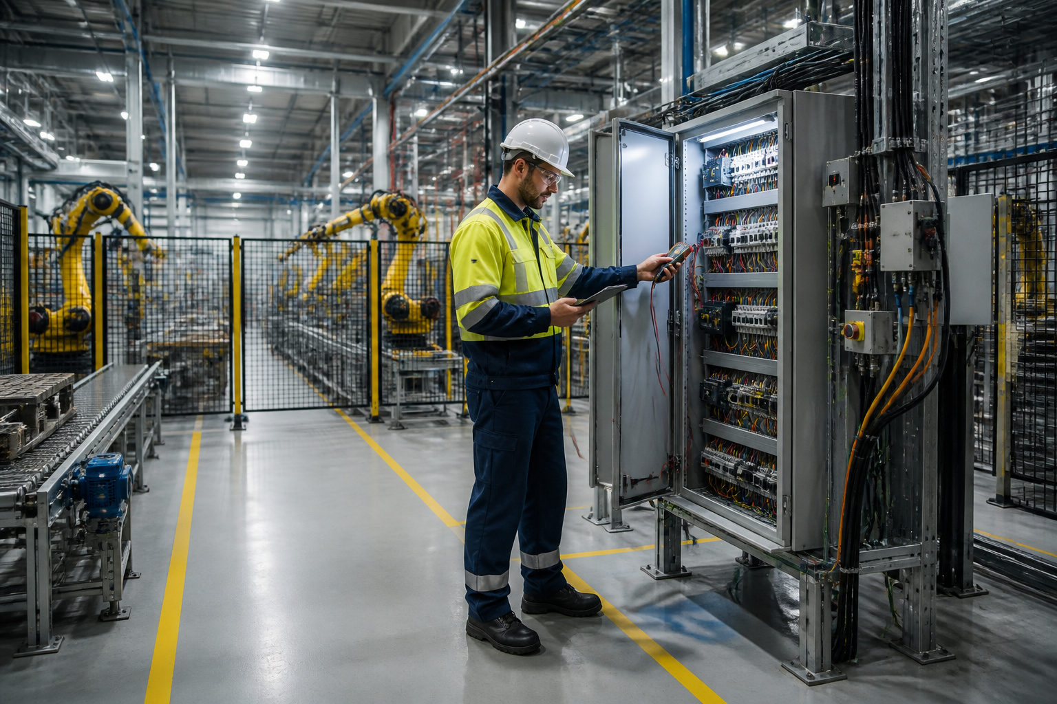 Electricien industriel travaillant sur panneau de controle