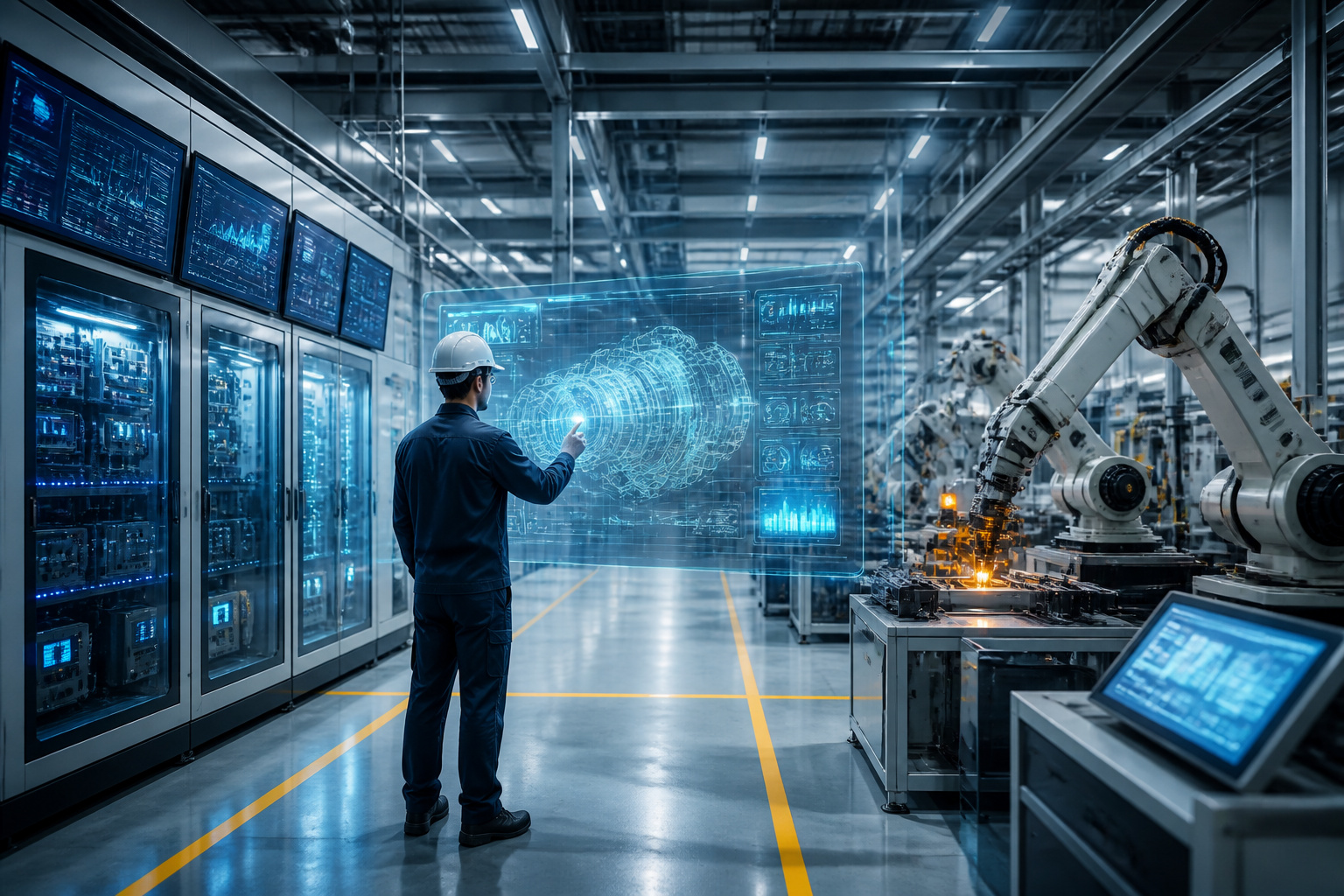 Ingenieur interagissant avec une interface holographique